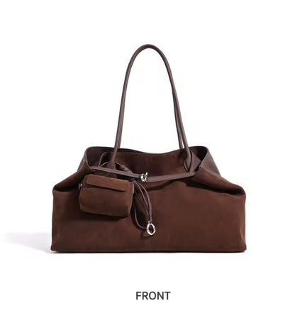 Frosted Cowhide Leather Plush Handle Shoulder Bag With Mini Coin Pouch