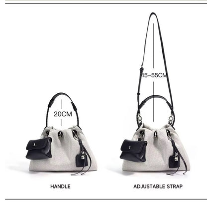 Genuine Leather-Denim Drawstring Bucket Bag