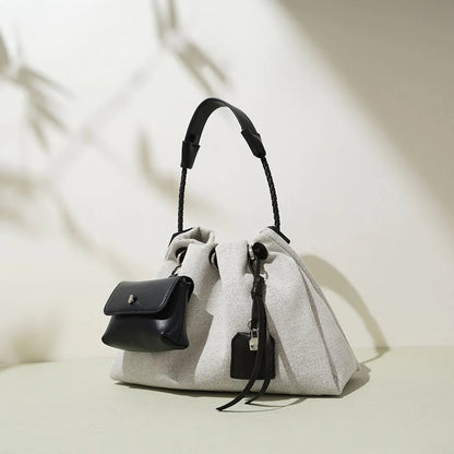 Genuine Leather-Denim Drawstring Bucket Bag