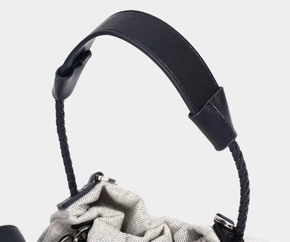 Genuine Leather-Denim Drawstring Bucket Bag