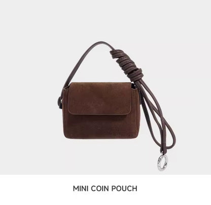 Frosted Cowhide Leather Plush Handle Shoulder Bag With Mini Coin Pouch