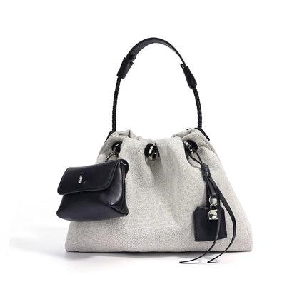 Genuine Leather-Denim Drawstring Bucket Bag