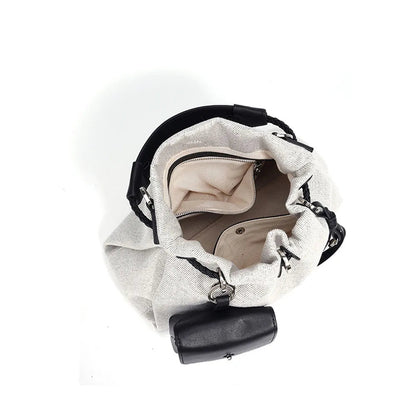 Genuine Leather-Denim Drawstring Bucket Bag