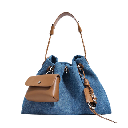 Genuine Leather-Denim Drawstring Bucket Bag