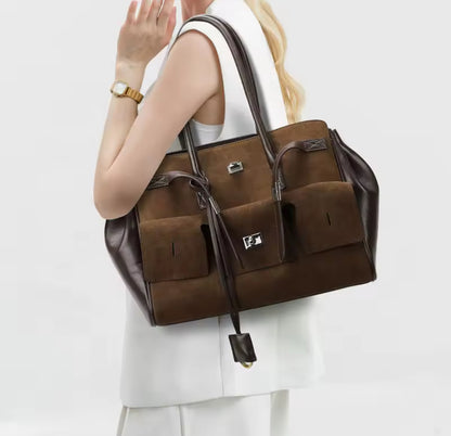 Suede PU Leather Tote Bag with Two Shoulder Handles