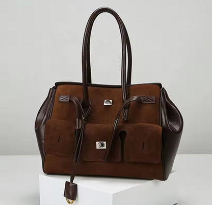 Suede PU Leather Tote Bag with Two Shoulder Handles