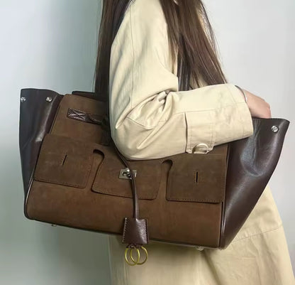 Suede PU Leather Tote Bag with Two Shoulder Handles