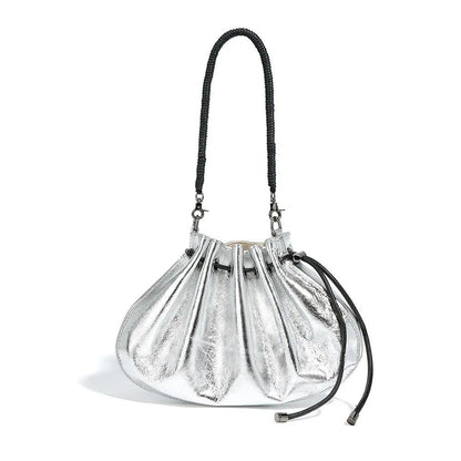 Genuine Cowhide Leather-Shell Drawstring Cross-body Bag - Eyeamsassy